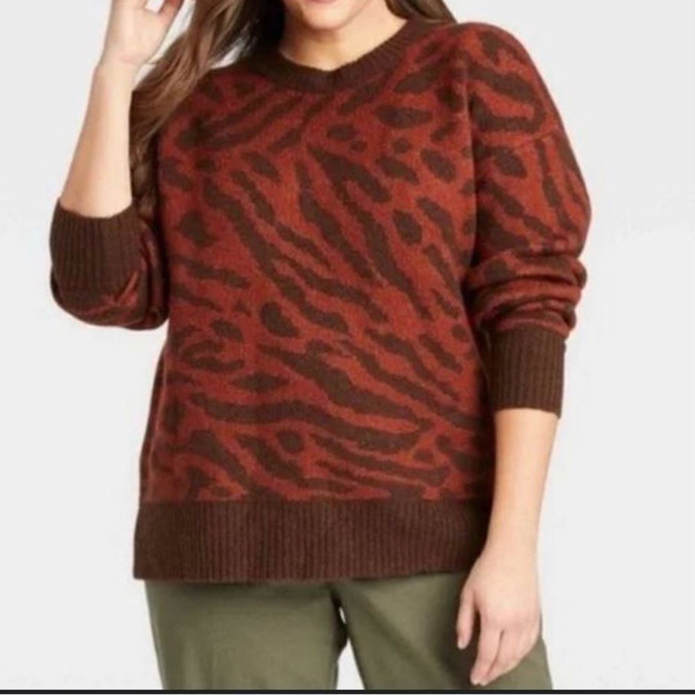 Ava & Viv Brown and Rusty Orange Fuzzy Sweater, Animal Print, Soft, stre…